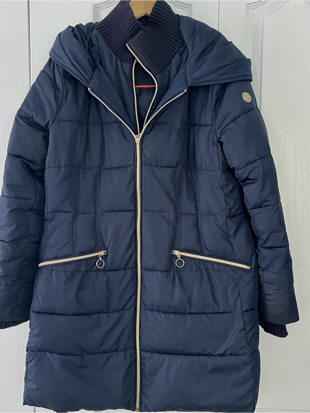Kensie Women's L Puffer Navy Coat With Hood Gold Tone Detail Warm READ